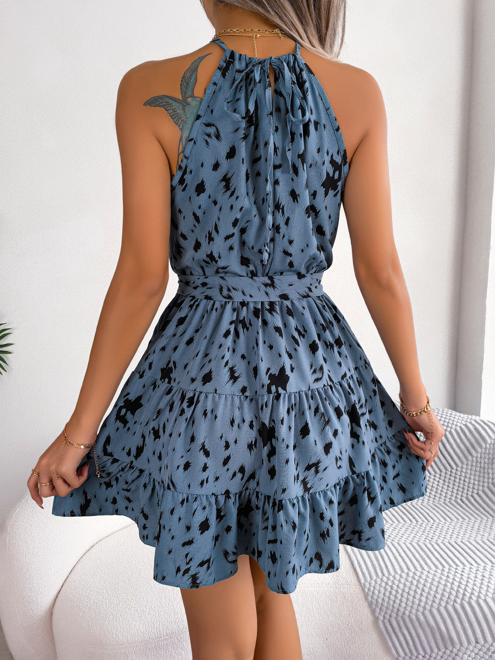 Halter Neck Printed Tie Waist Sleeveless Mini Dress - More Colors! - In Style Chics Boutique LLC