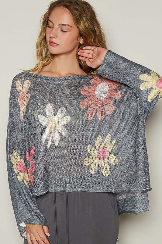 POL Flower Dropped Shoulder Long Sleeve Knit Top - In Style Chics Boutique LLC