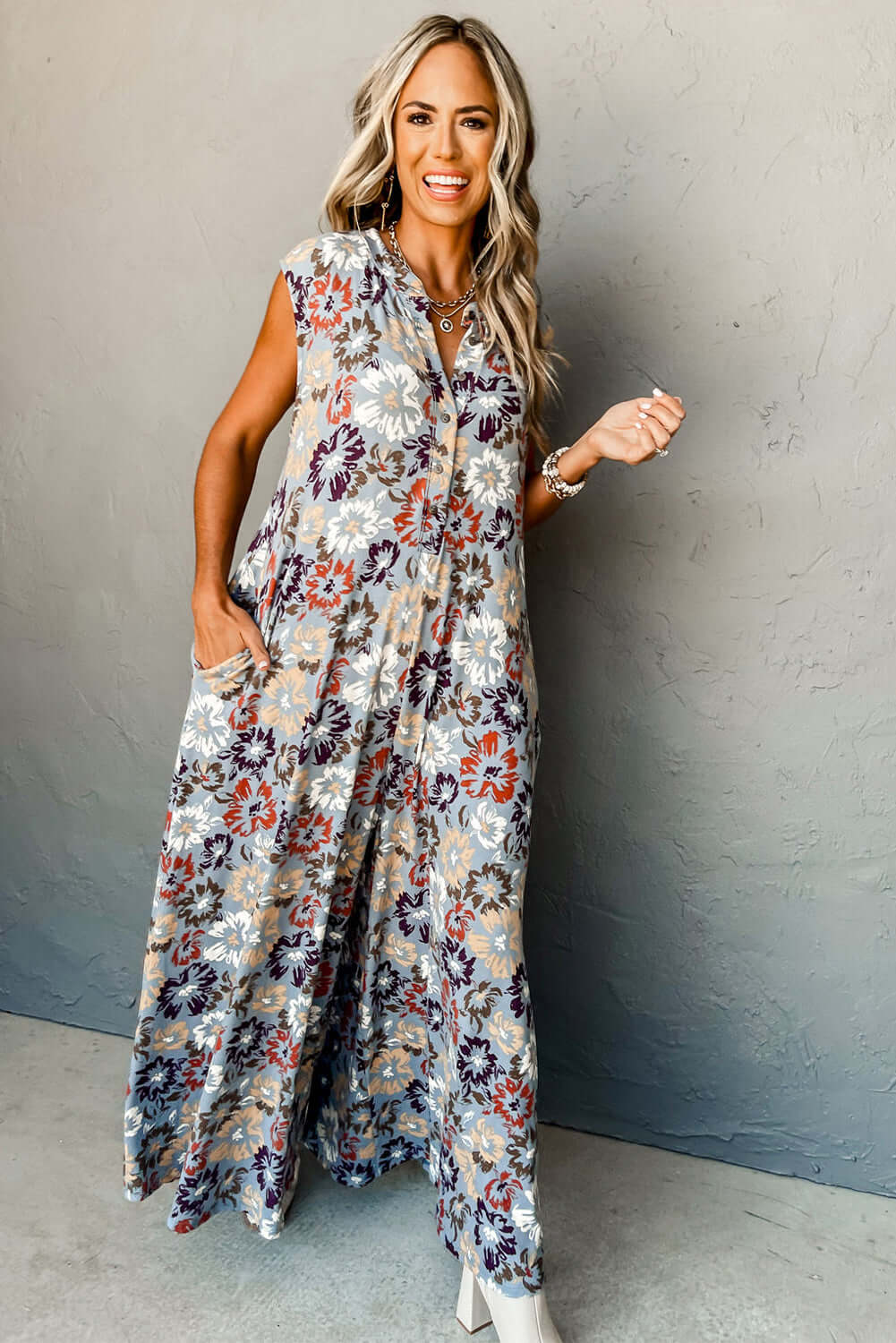 Sky Blue Floral Sleeveless Pocketed Wide Leg Jumpsuit - Cute Clothes for Spring - In Style Chics Boutique Online Women's Juniors Apparel