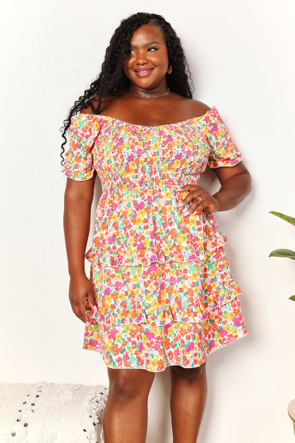 Devine Smocked Sweetheart Neck Flounce Sleeve Mini Dress - In Style Chics Boutique LLC