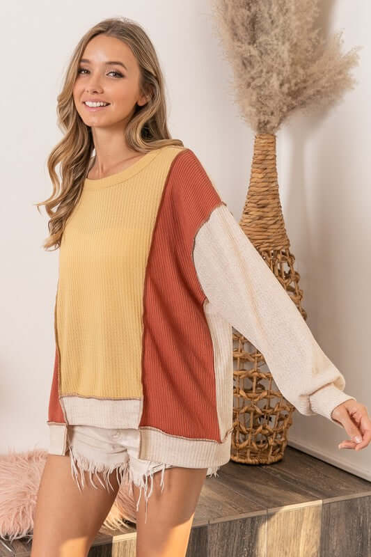 BiBi Waffle-Knit Exposed Seam Color Block Uneven Hem Top - Cute Clothing Online - In Style Chics Boutique Women's Juniors