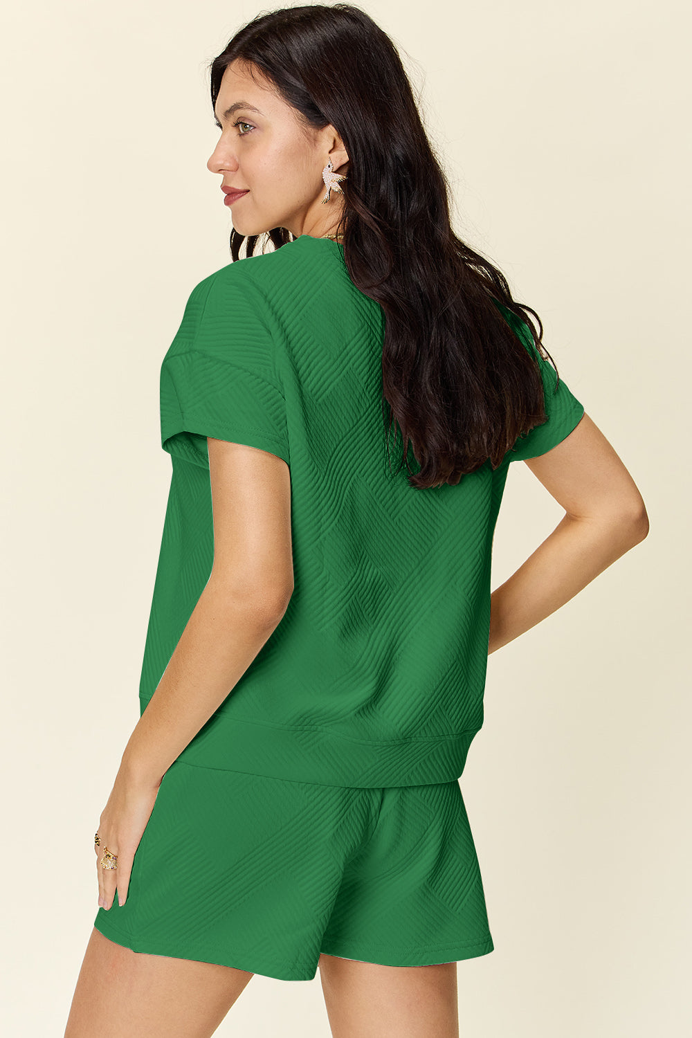 Double Take Texture Short Sleeve T-Shirt and Drawstring Shorts Set - In Style Chics Boutique LLC