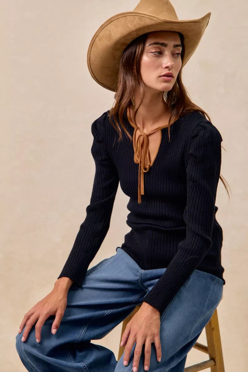 Ribbed Contrast Front Tied 🖤 Top with Shirred Detail at In Style Chics Boutique