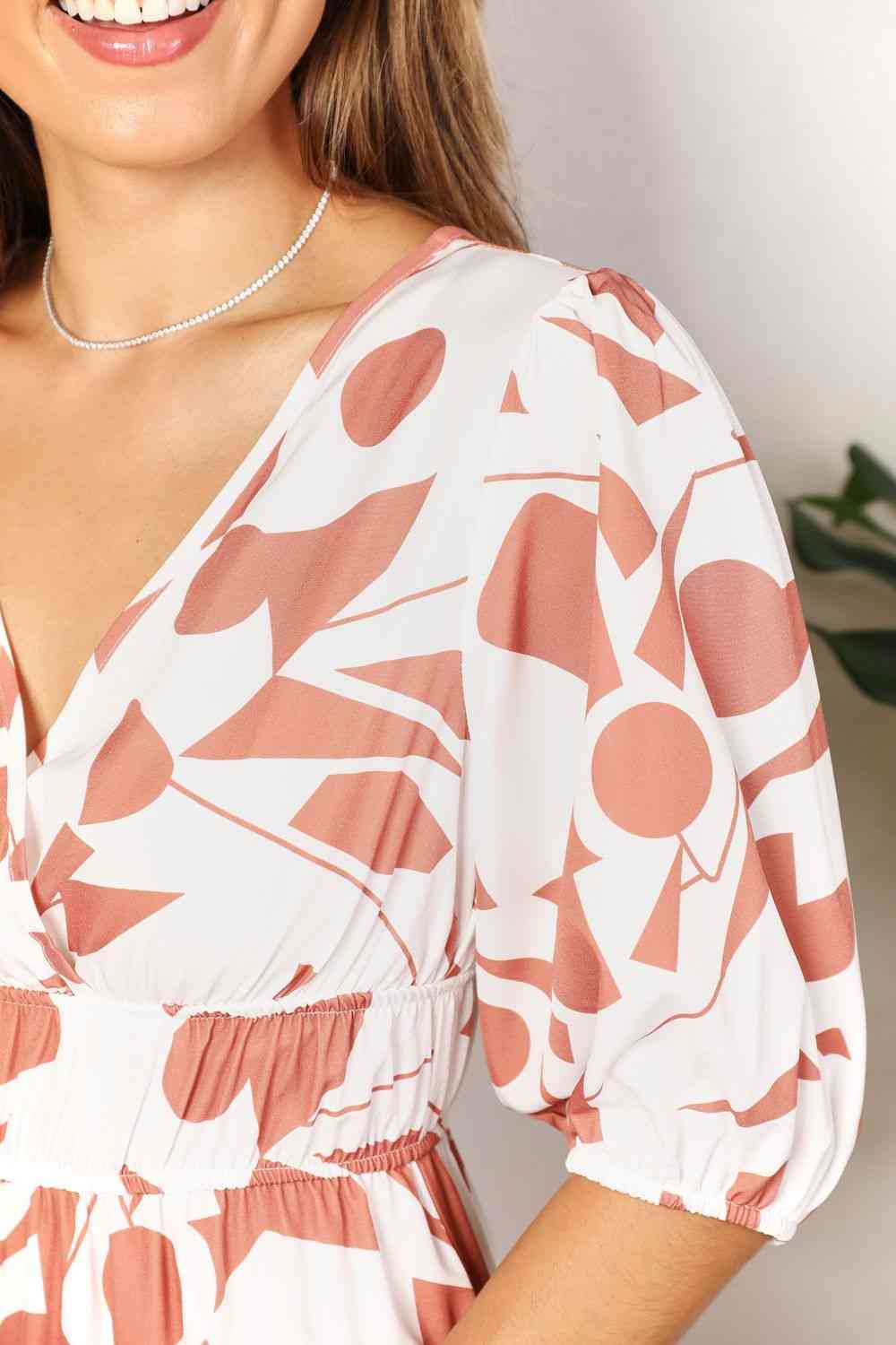 Printed Surplice Balloon Sleeve Dress - spring dresses - In Style Chics Boutique Online Clothing