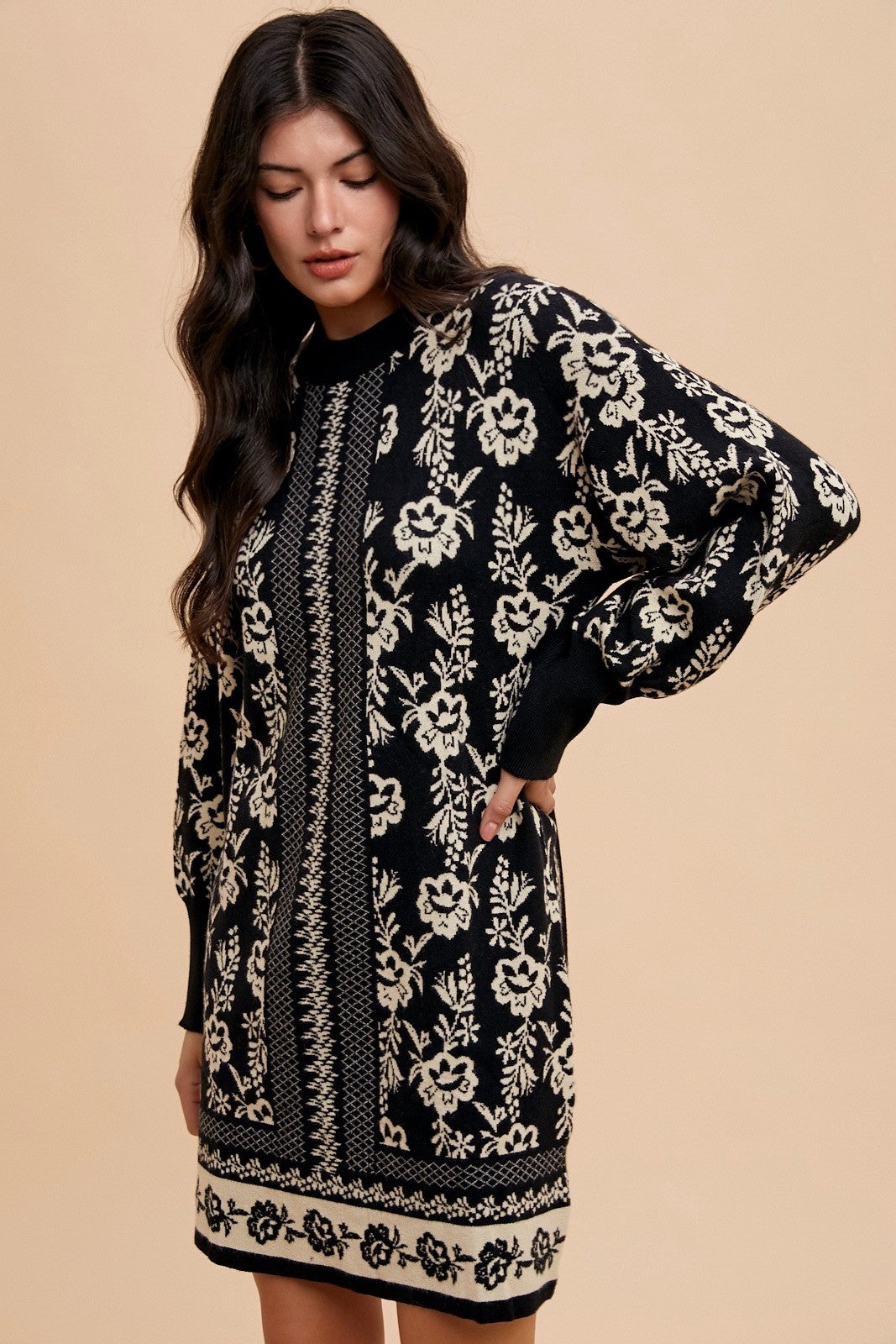 Annie Wear Floral Jacquard Round Neck Sweater Dress - In Style Chics Boutique LLC