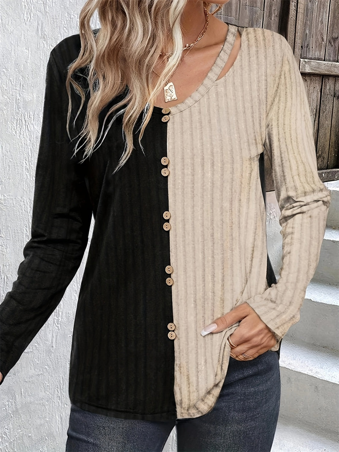 Decorative Button Contrast Round Neck Long Sleeve T-Shirt - In Style Chics Boutique LLC