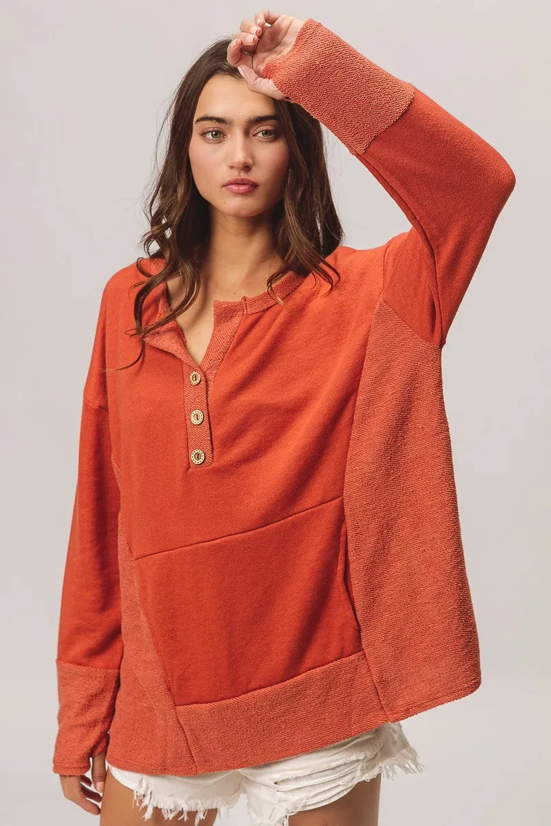 French Terry Knit Side Block Buttoned Henley Top at In Style Chics Boutique