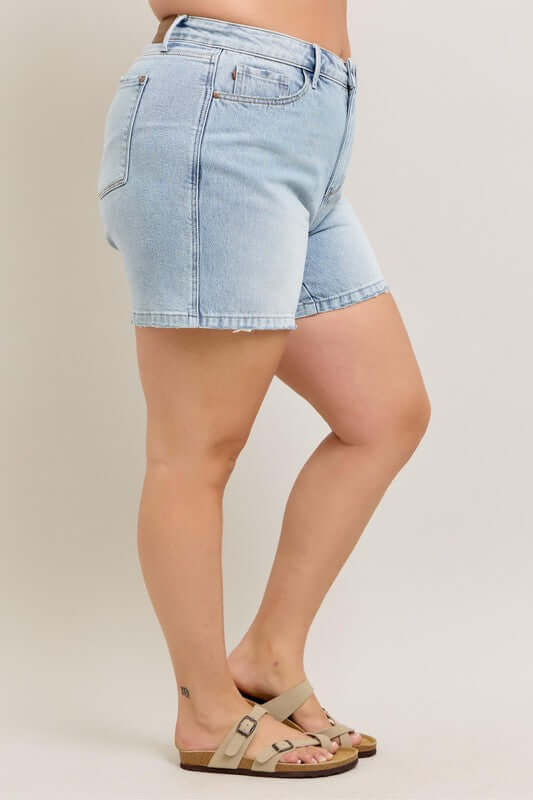 Judy Blue Frayed Hem High Rise Denim Shorts with Pockets - In Style Chics Boutique Women's Juniors Plus Size Apparel Online