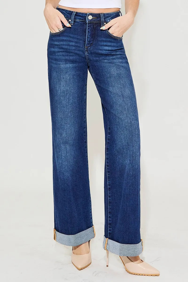 RISEN Tummy Control High Rise Wide Leg Cuffed Jeans - In Style Chics Boutique Women's Juniors Plus Size Clothes Online