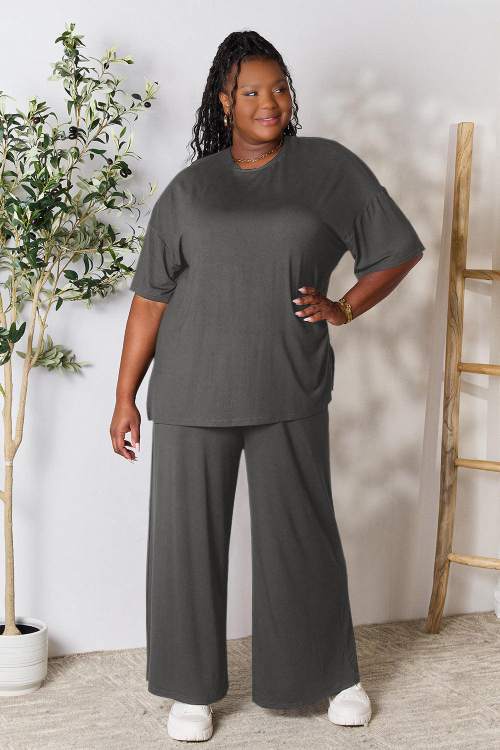 Double Take Round Neck Slit Top and Pants Set - More Colors! - In Style Chics Boutique LLC