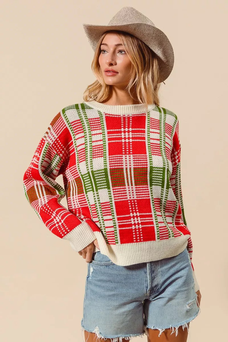 Shop Christmas Color Checkered Plaid Crew Neck Sweater at In Style Chics Boutique