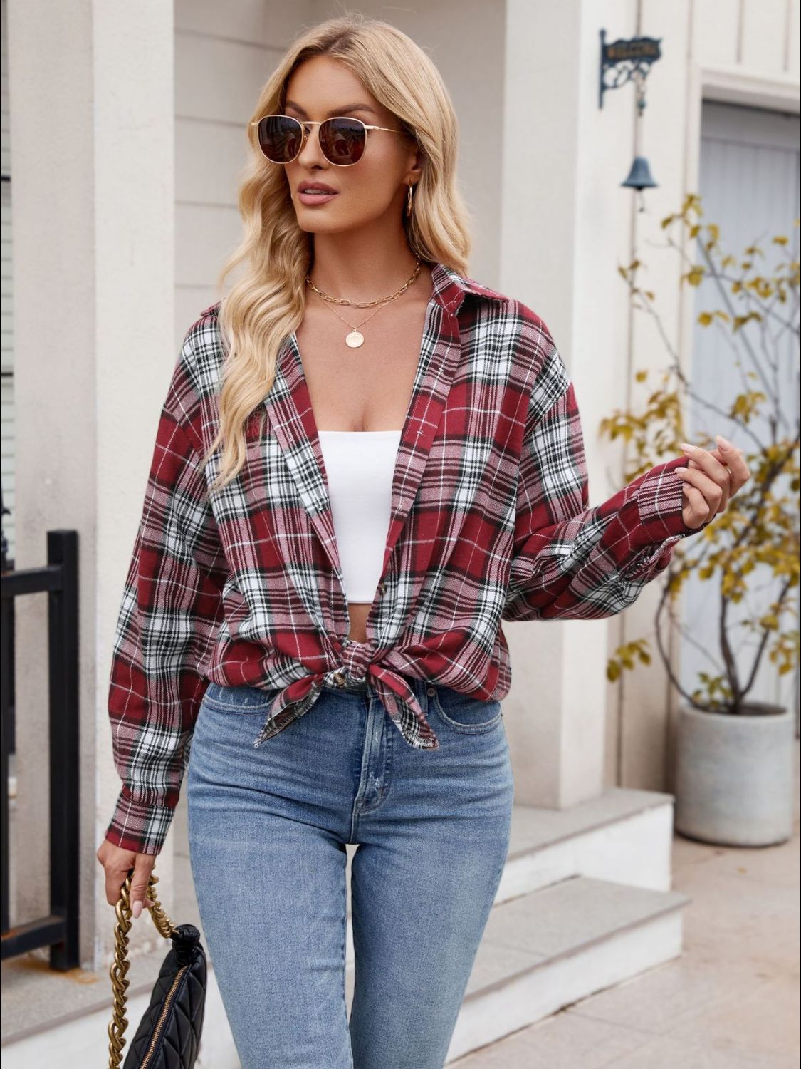 Pocketed Plaid Collared Neck Long Sleeve Shirt - In Style Chics Boutique LLC