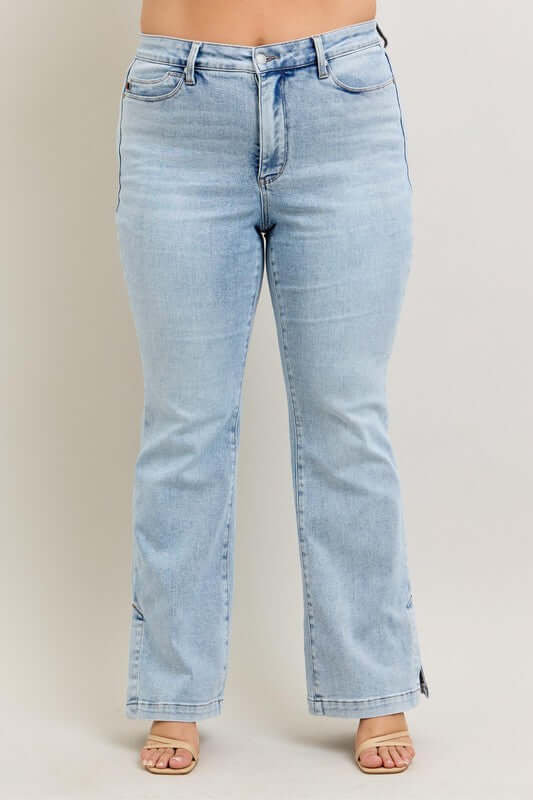 Judy Blue Tummy Control Vintage Wash Side Slit Slim Boot Jeans - In Style Chics Boutique Women's Juniors Plus Size Apparel Online