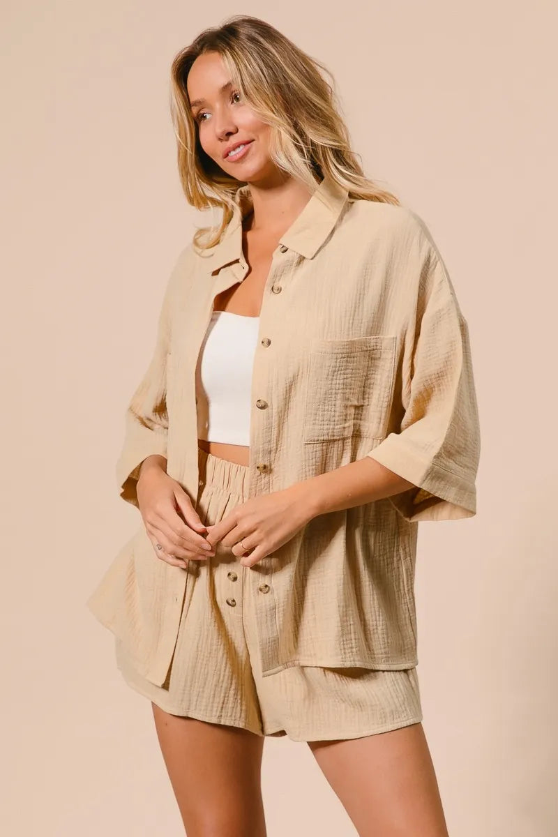 Crinkle Gauze Shirt and Short Set For Women - In Style Chics Boutique Women's Juniors Cute Clothes Online