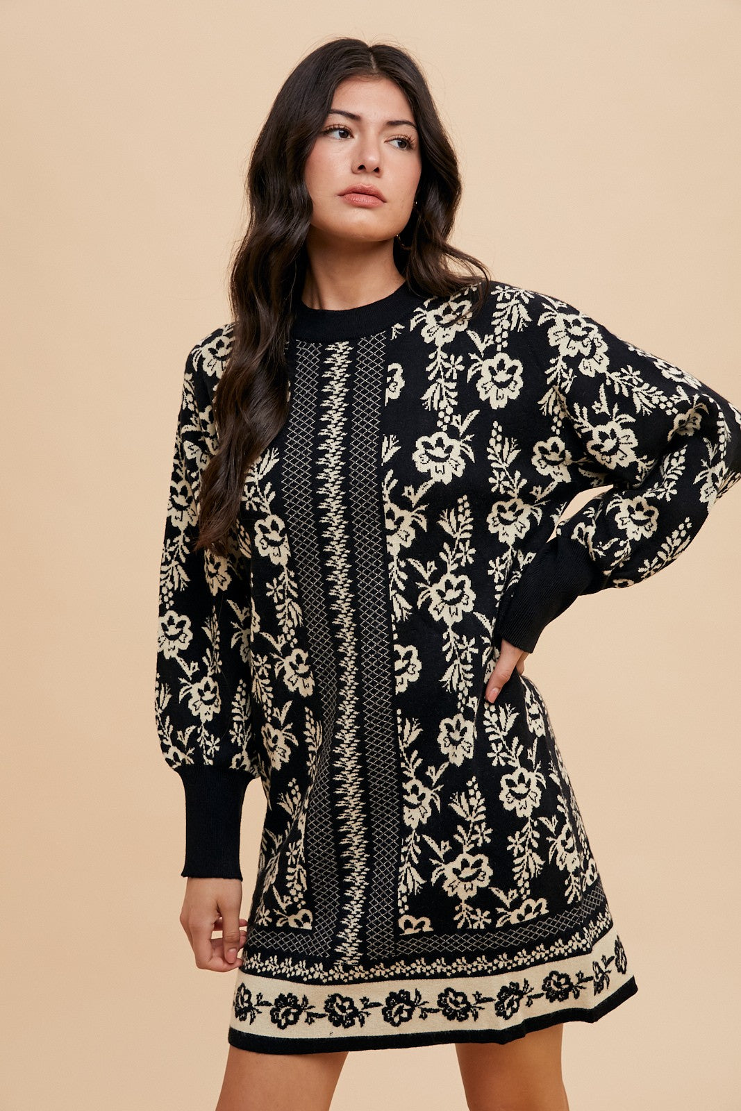 Annie Wear Floral Jacquard Round Neck Sweater Dress - In Style Chics Boutique LLC