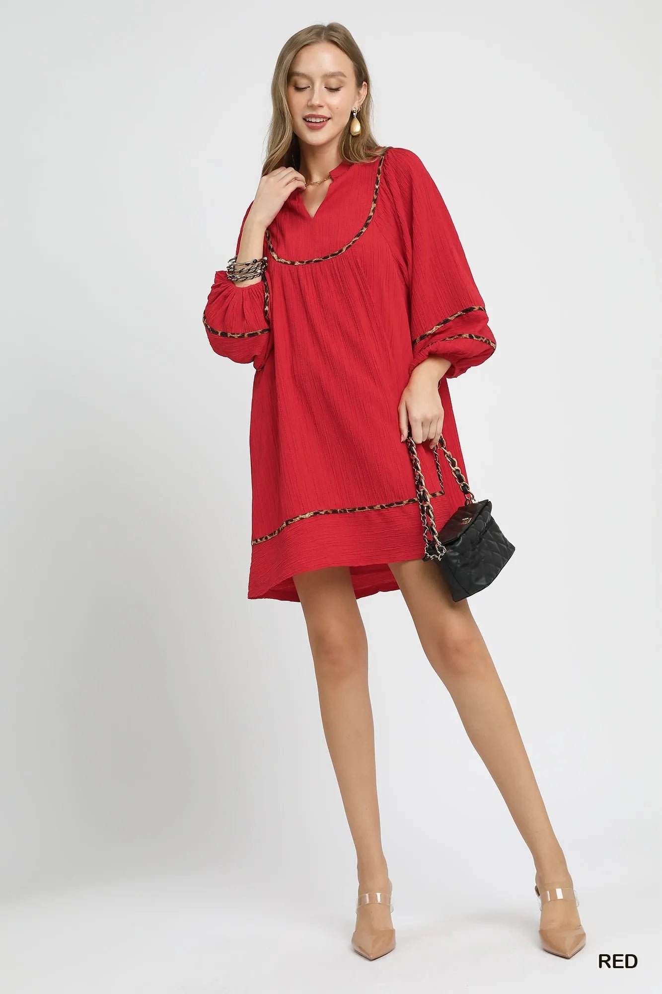 Textured Babydoll Dress with Leopard Trim at In Style Chics Boutique