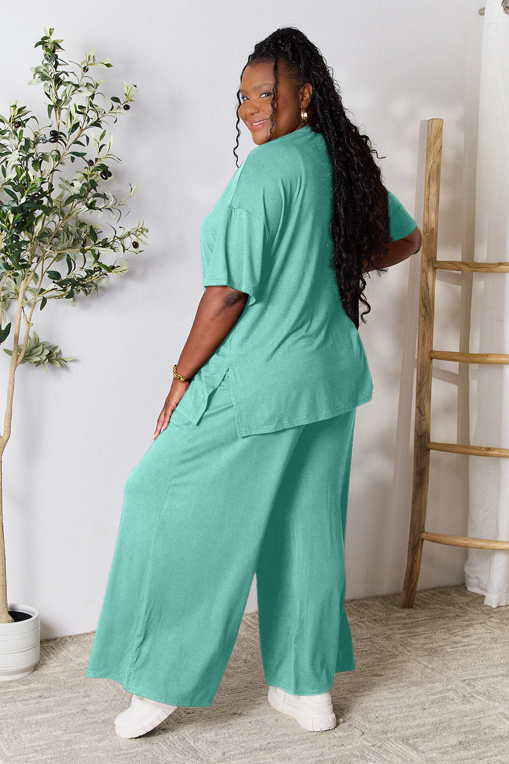 Double Take Round Neck Slit Top and Pants Set - More Colors! - In Style Chics Boutique LLC