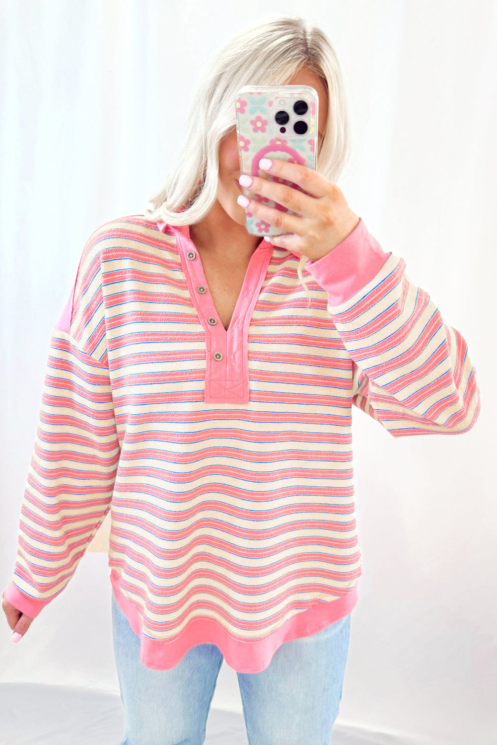 Stripe Collared V Neck Drop Shoulder Top - In Style Chics Boutique LLC