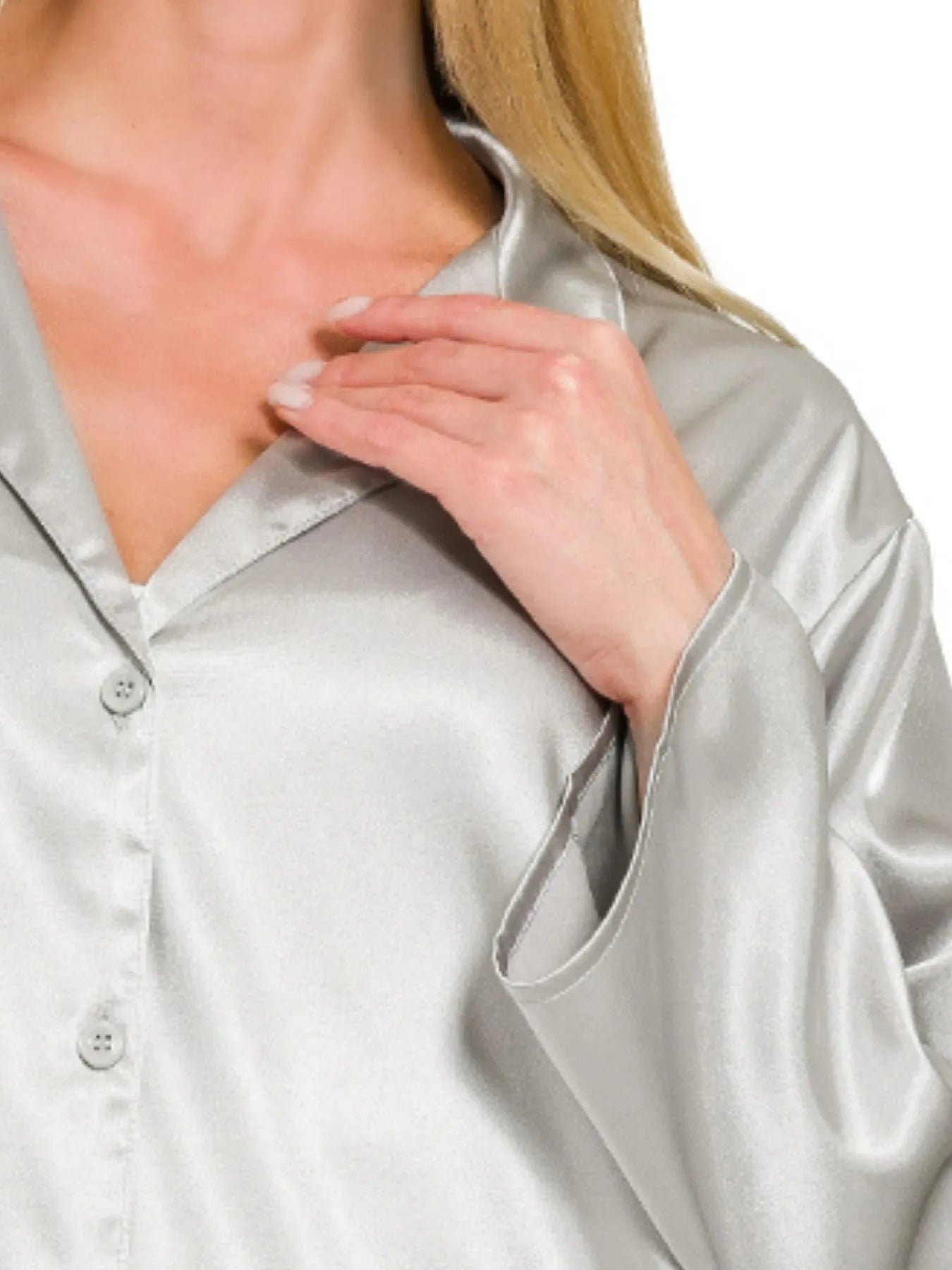 Satin Button Down Shirt in Silver at In Style Chics Boutique