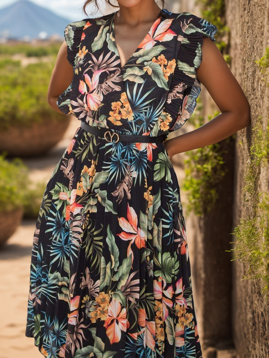 Ruffled Printed Surplice Cap Sleeve Dress - In Style Chics Boutique LLC