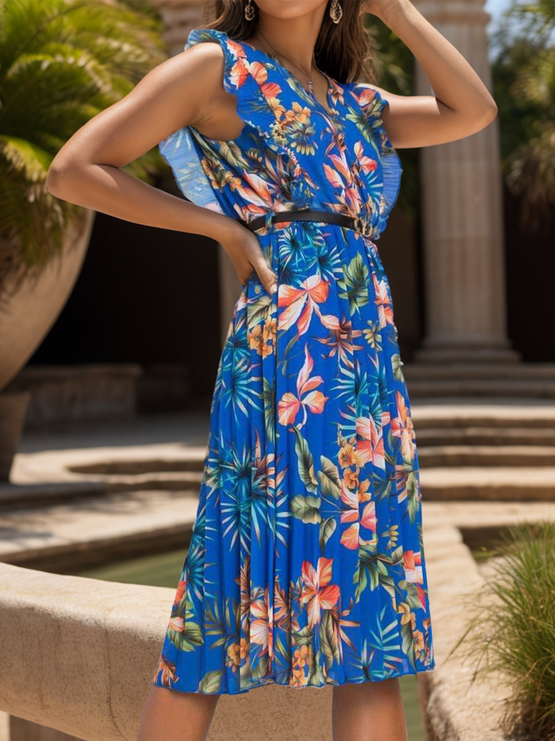 Ruffled Printed Surplice Cap Sleeve Dress - In Style Chics Boutique LLC