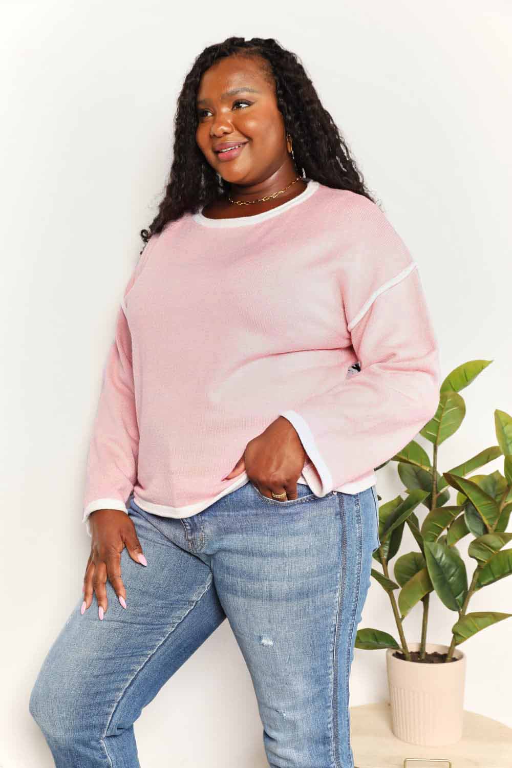 Angel Wings Contrast Detail Dropped Shoulder Knit Top - In Style Chics Boutique LLC
