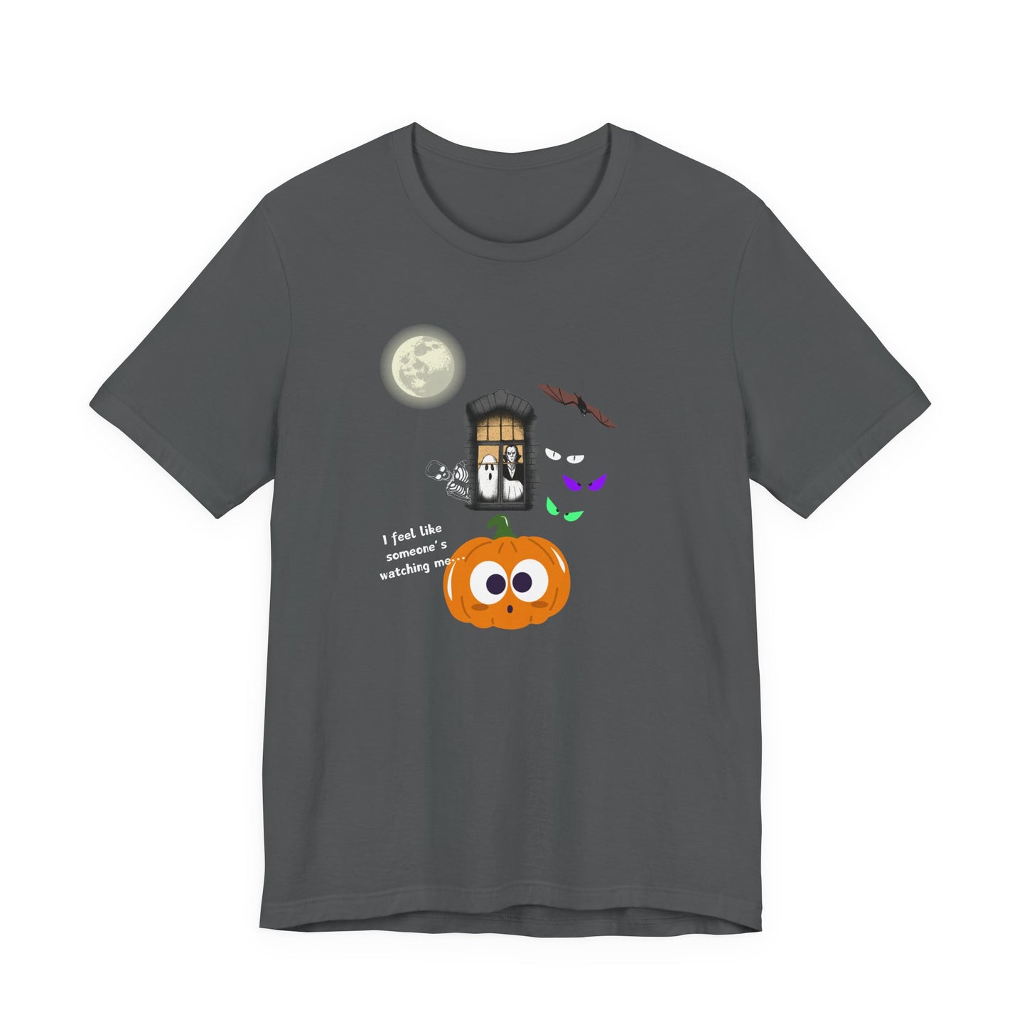 Gray t-shirt with Halloween-themed graphics ghost pumpkin, moon