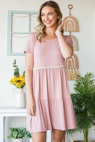Solid Mini Tiered Dress with Pompom Lace - In Style Chics Boutique