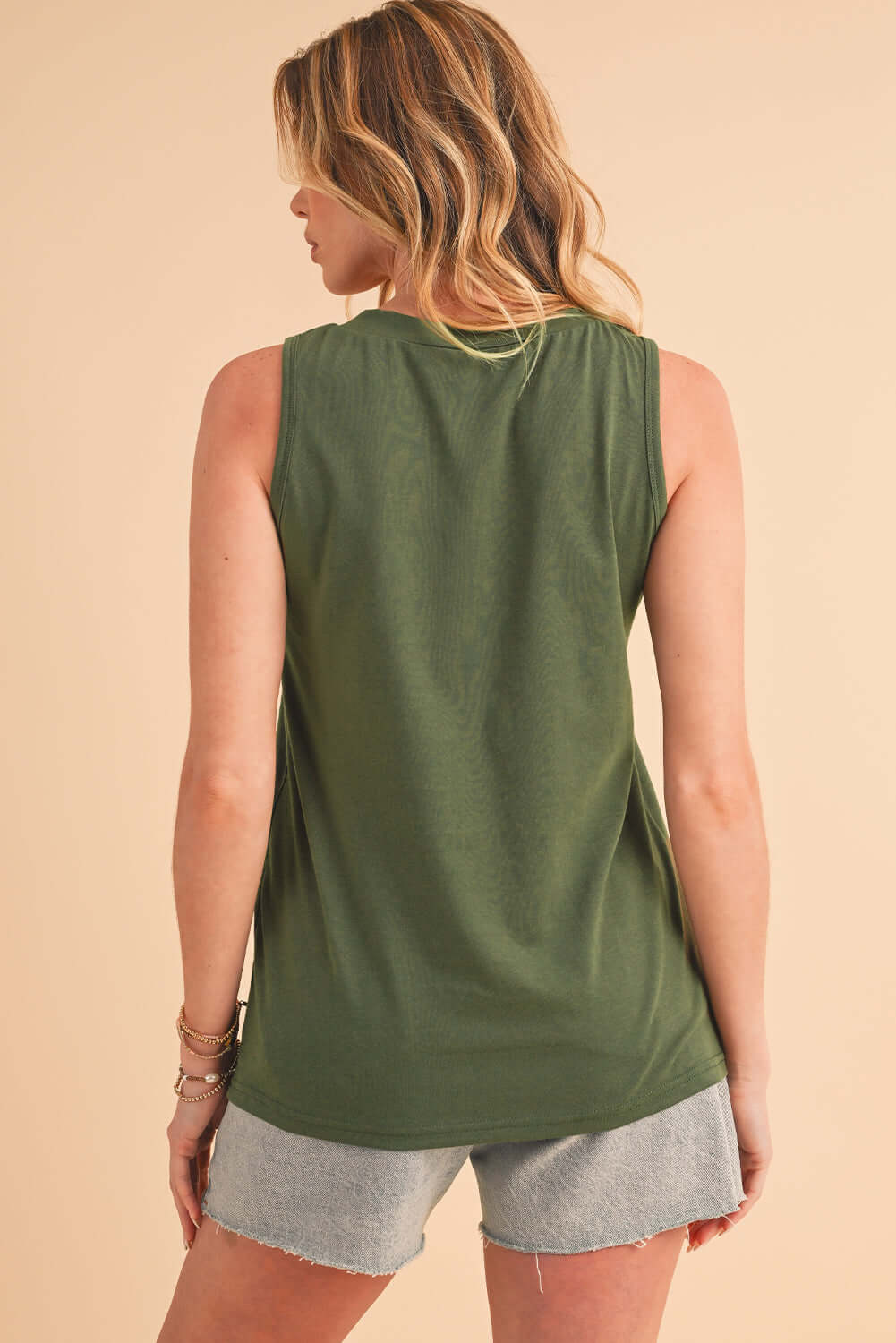 Jungle Green Half Button V Neck Patched Pocket Tank Top - In Style Chics Boutique