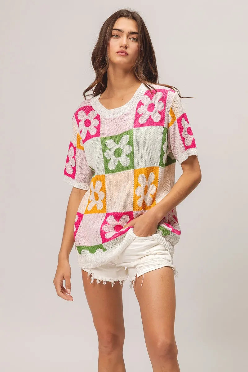 Sweater Top, Flower Checker Pattern Lightweight In Style Chics Boutique Where to buy stylish women’s clothes