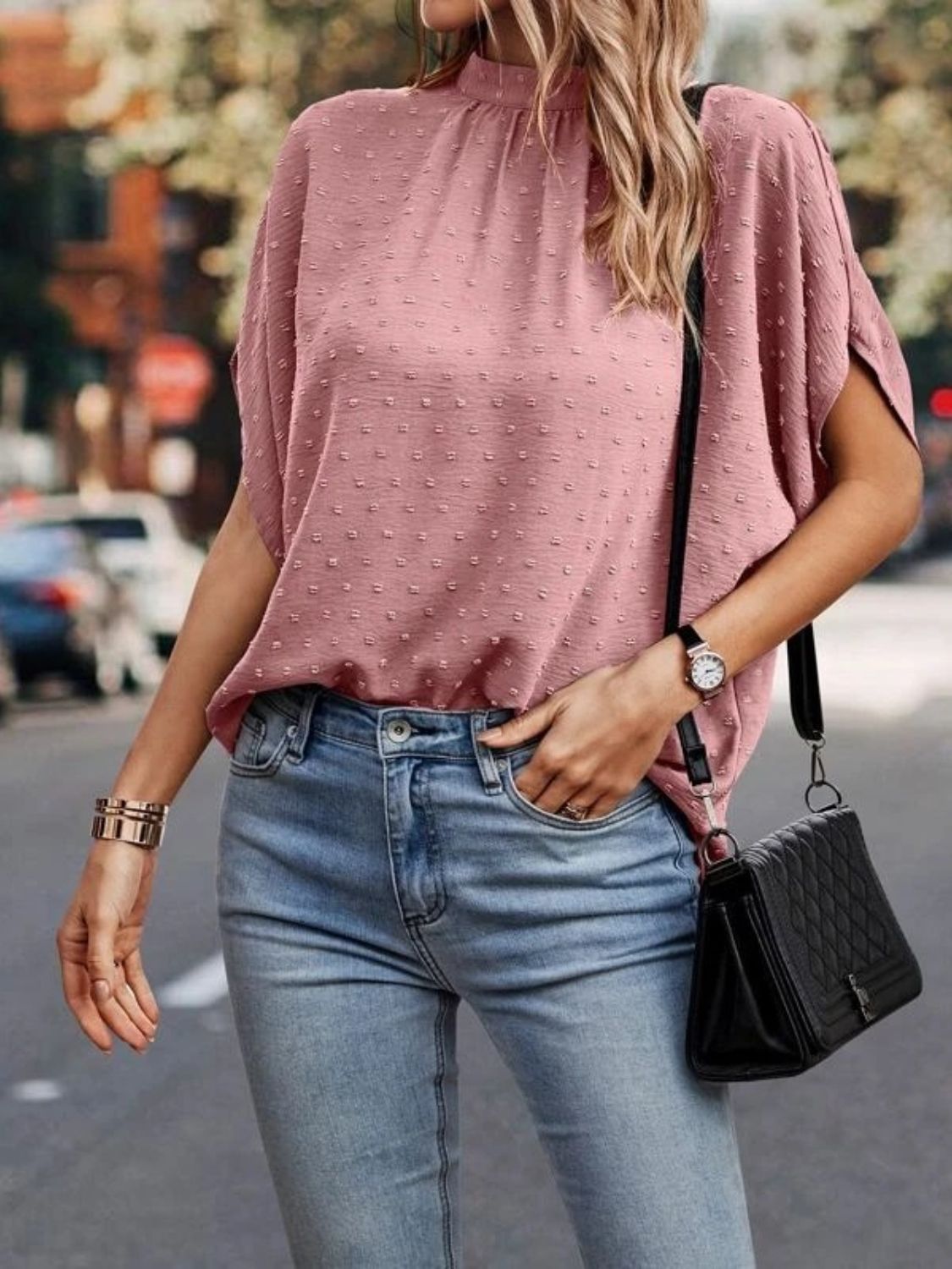 Swiss Dot Mock Neck Half Sleeve Blouse - More Colors! - In Style Chics Boutique LLC
