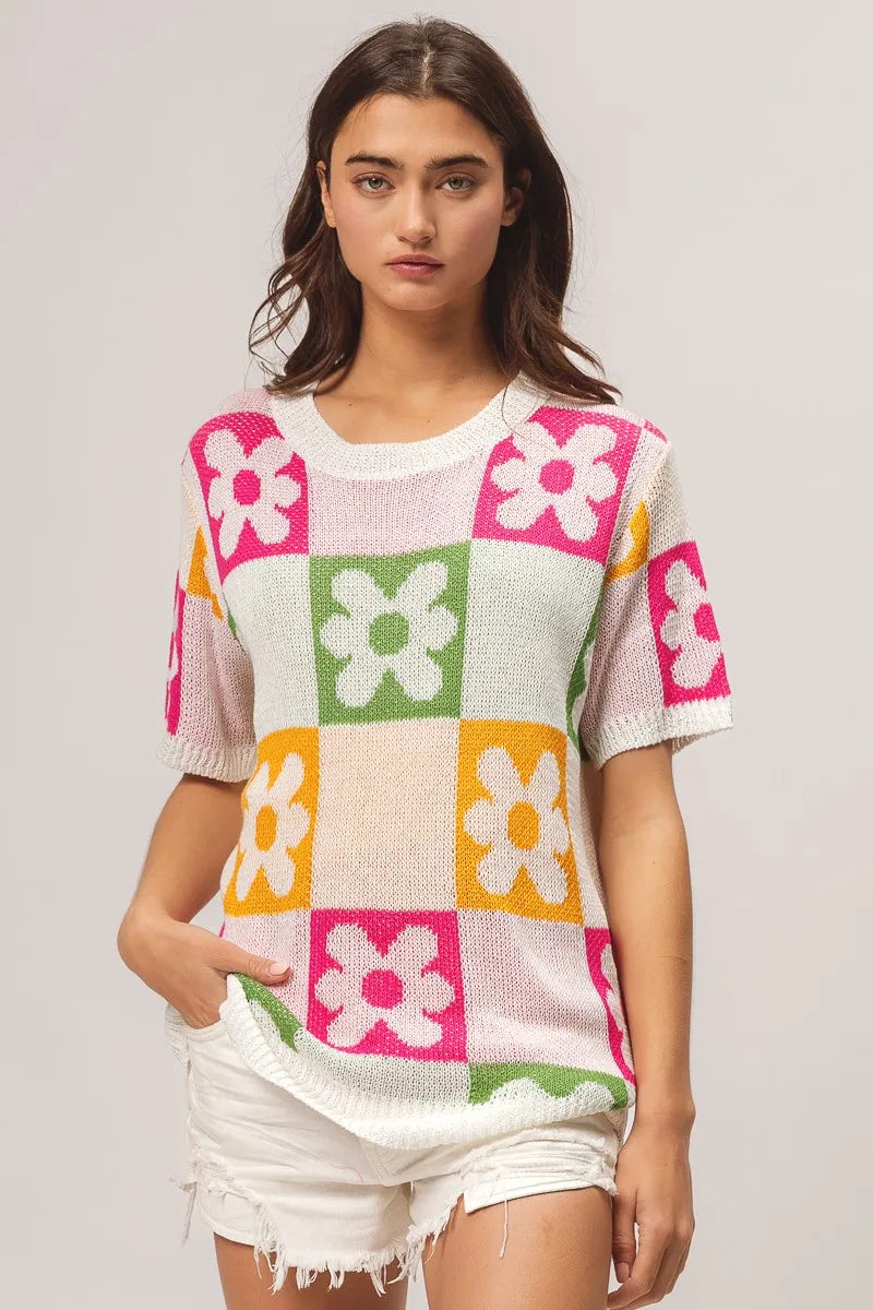 Sweater Top, Flower Checker Pattern Lightweight In Style Chics Boutique Where to buy stylish women’s clothes