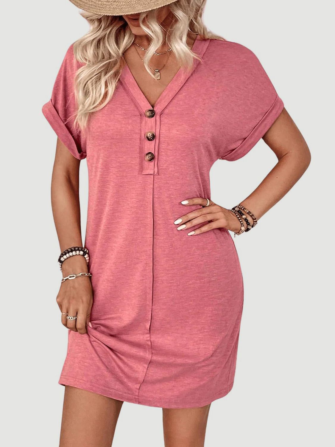 Quarter Button V-Neck Short Sleeve Dress - More Colors! - In Style Chics Boutique LLC