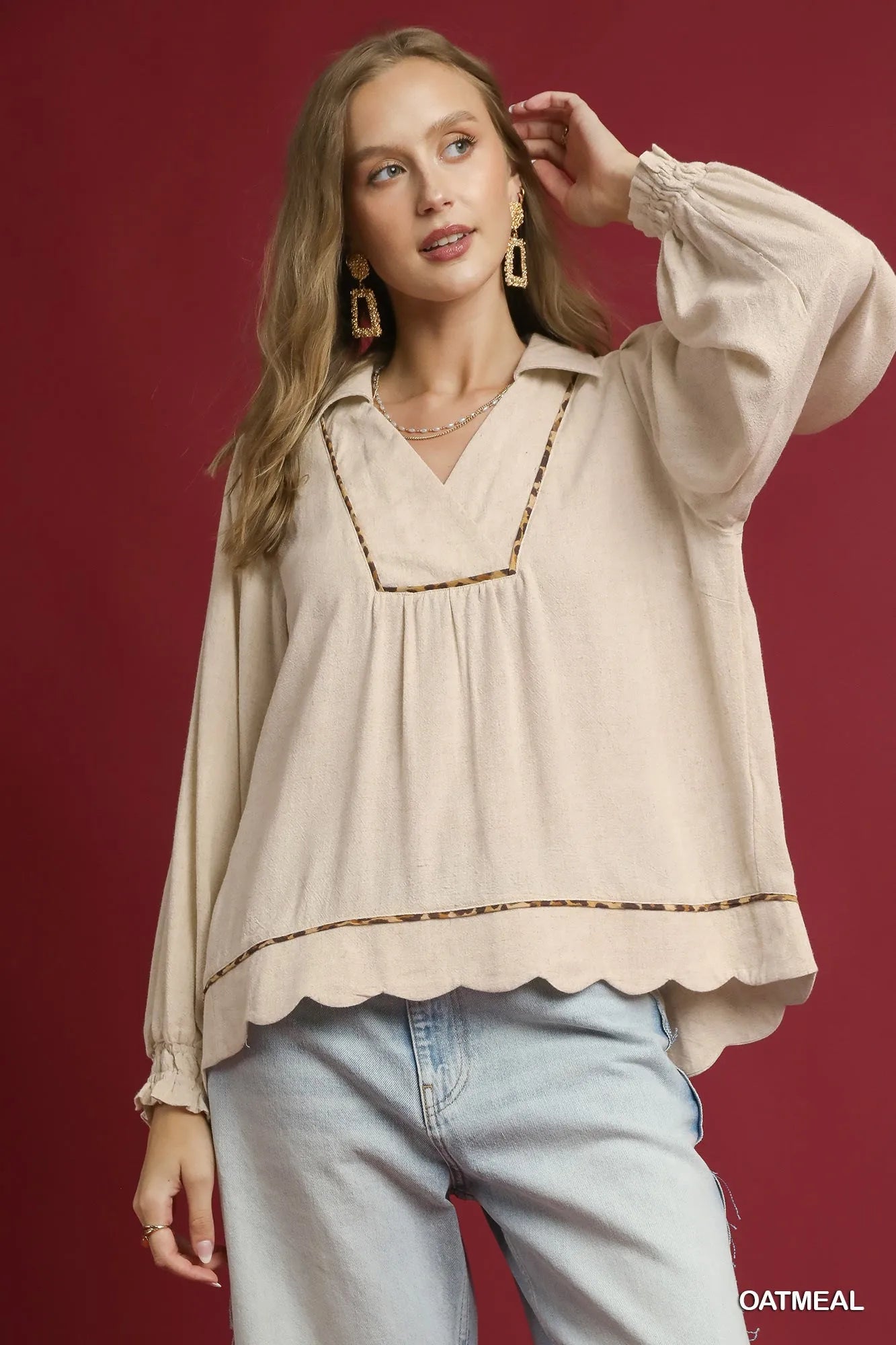 Linen Scallop Hem Blouse with Contrast Trim at In Style Chics Boutique