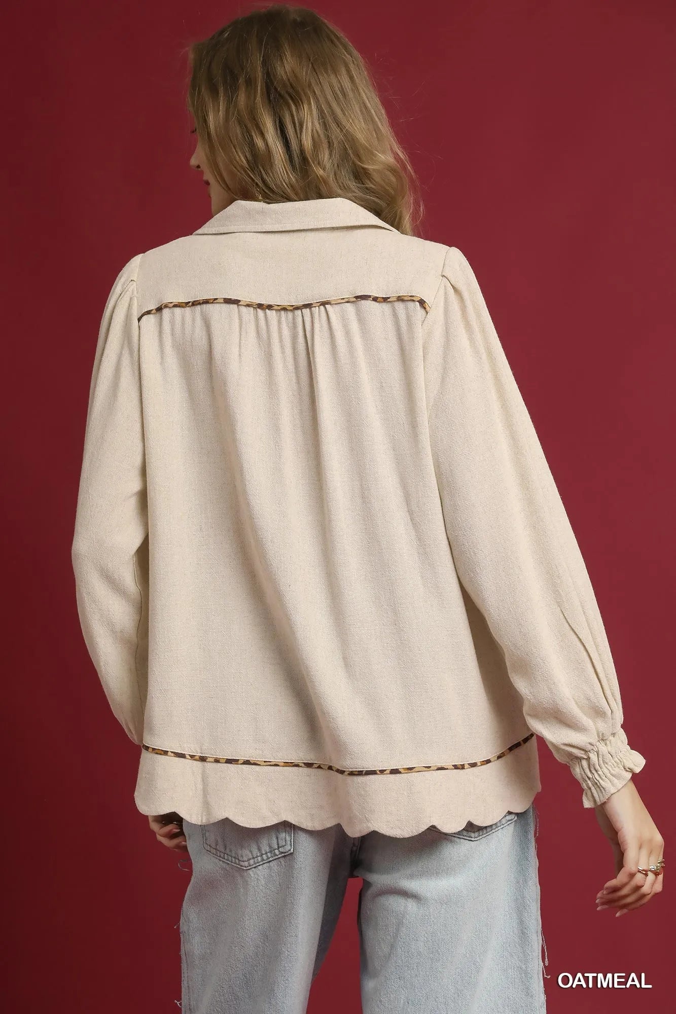 Linen Scallop Hem Blouse with Contrast Trim at In Style Chics Boutique