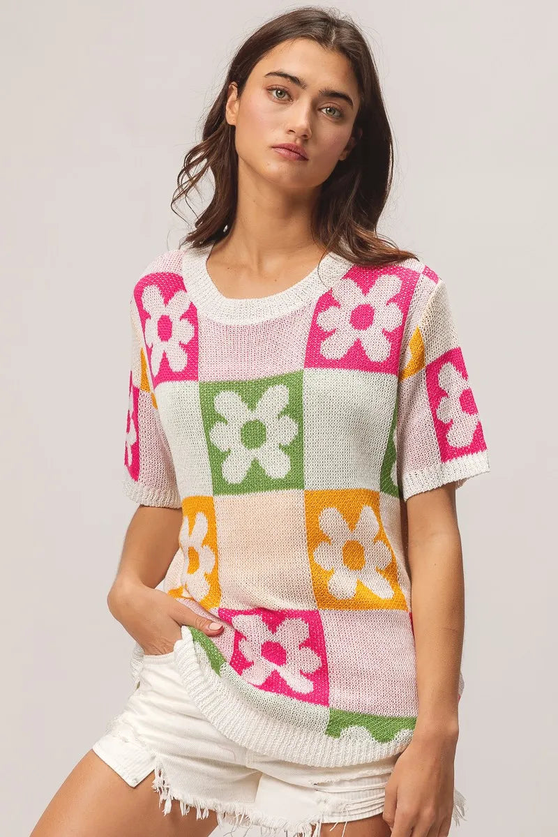 Sweater Top, Flower Checker Pattern Lightweight In Style Chics Boutique Where to buy stylish women’s clothes