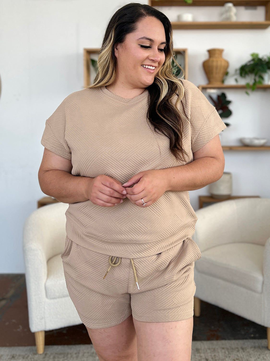 Double Take Texture Short Sleeve T-Shirt and Drawstring Shorts Set - In Style Chics Boutique LLC