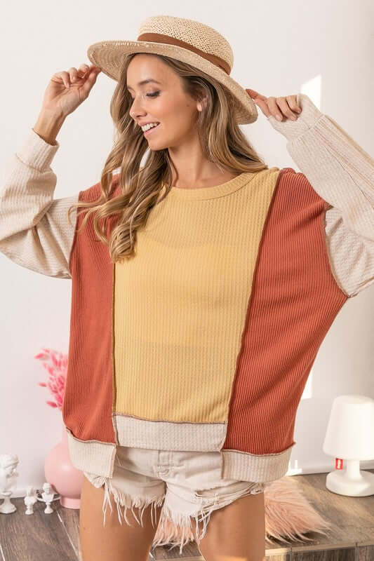 BiBi Waffle-Knit Exposed Seam Color Block Uneven Hem Top - Cute Clothing Online - In Style Chics Boutique Women's Juniors