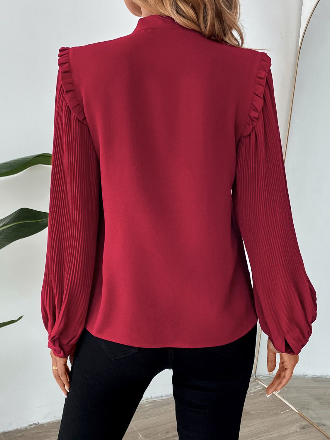 Perfee Frill Tie Neck Long Sleeve Blouse - In Style Chics Boutique LLC