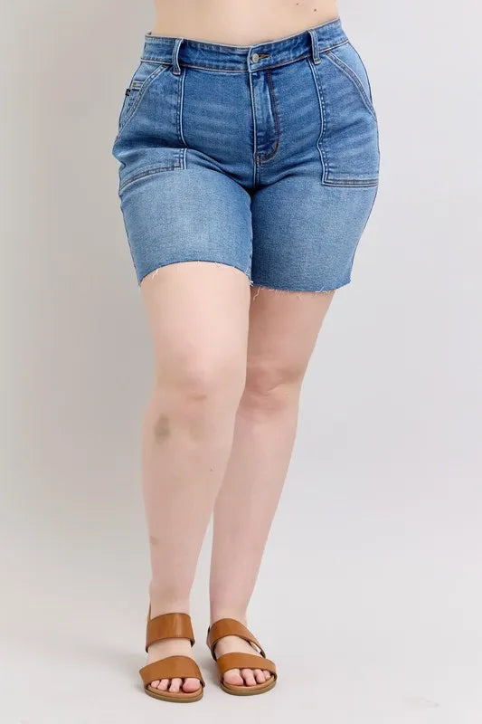 Judy Blue Mid Rise Bermuda Denim Jean Shorts W/ Back Flap Pockets - In Style Chics Boutique
