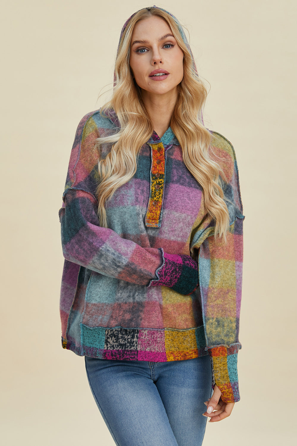 Double Take Full Size Plaid Dropped Shoulder Fleece Hoodie - In Style Chics Boutique LLC