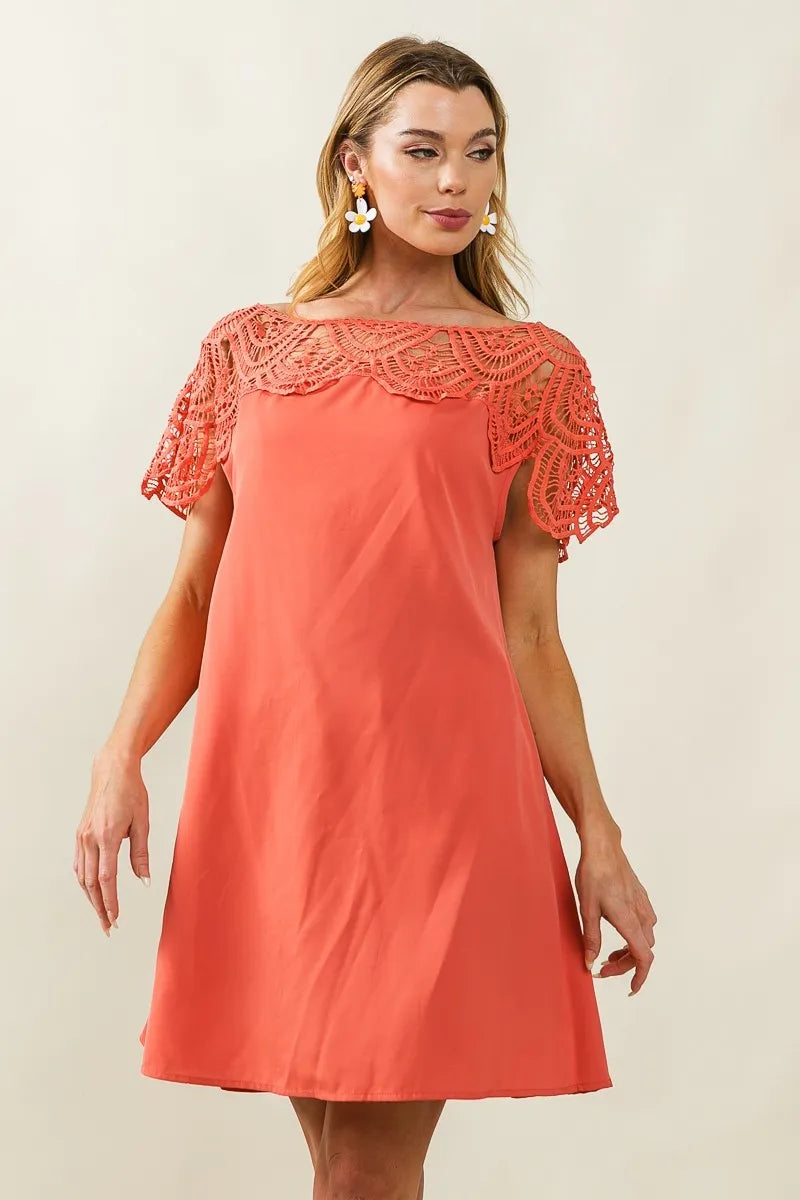 Crochet Lace Yoke Detailed Wrinkled Dress - In Style Chics Boutique Women's Juniors Clothes