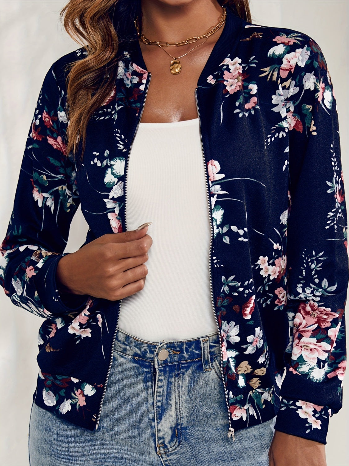 Printed Zip Up Long Sleeve Jacket - In Style Chics Boutique LLC