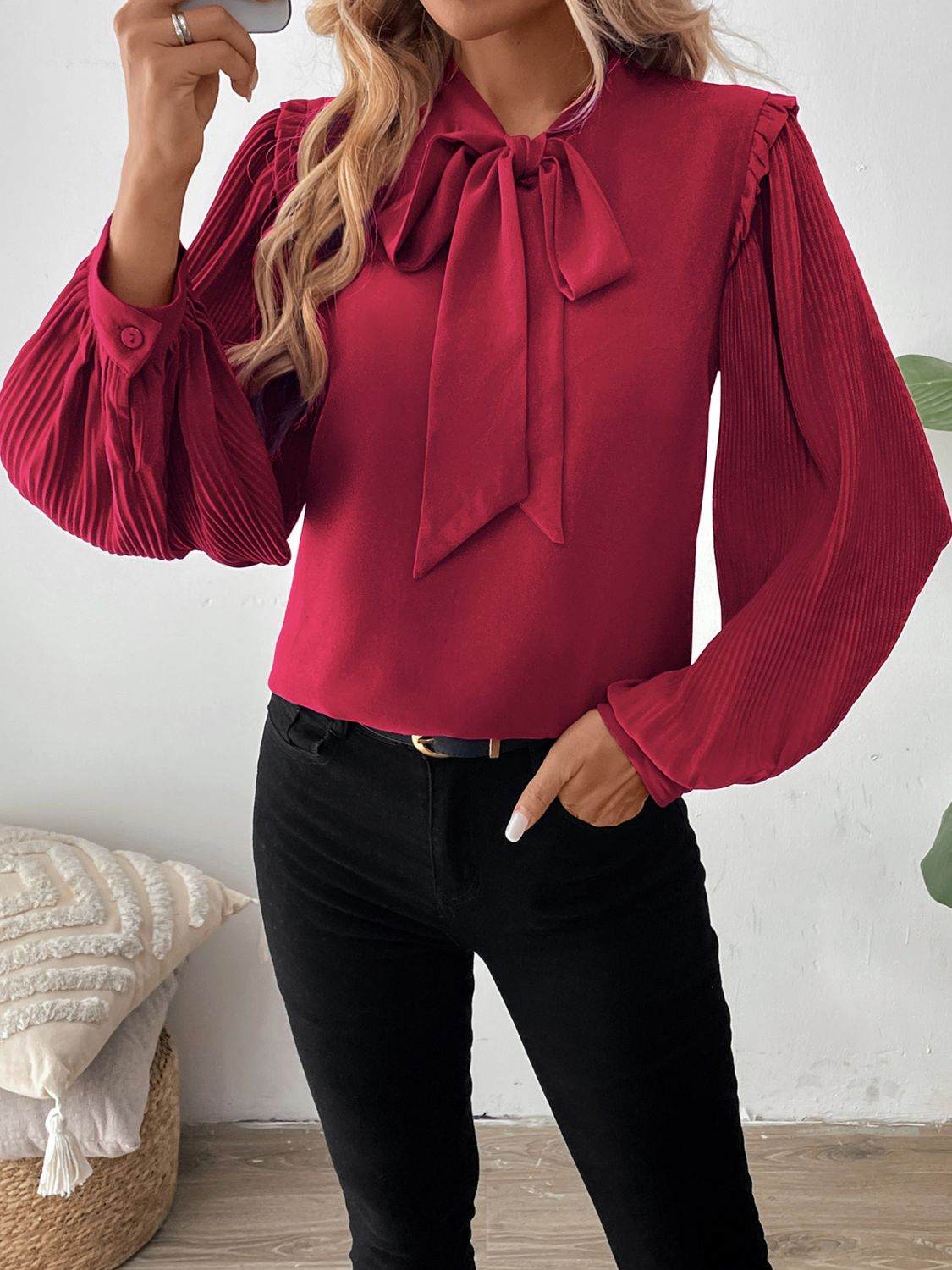 Perfee Frill Tie Neck Long Sleeve Blouse - In Style Chics Boutique LLC