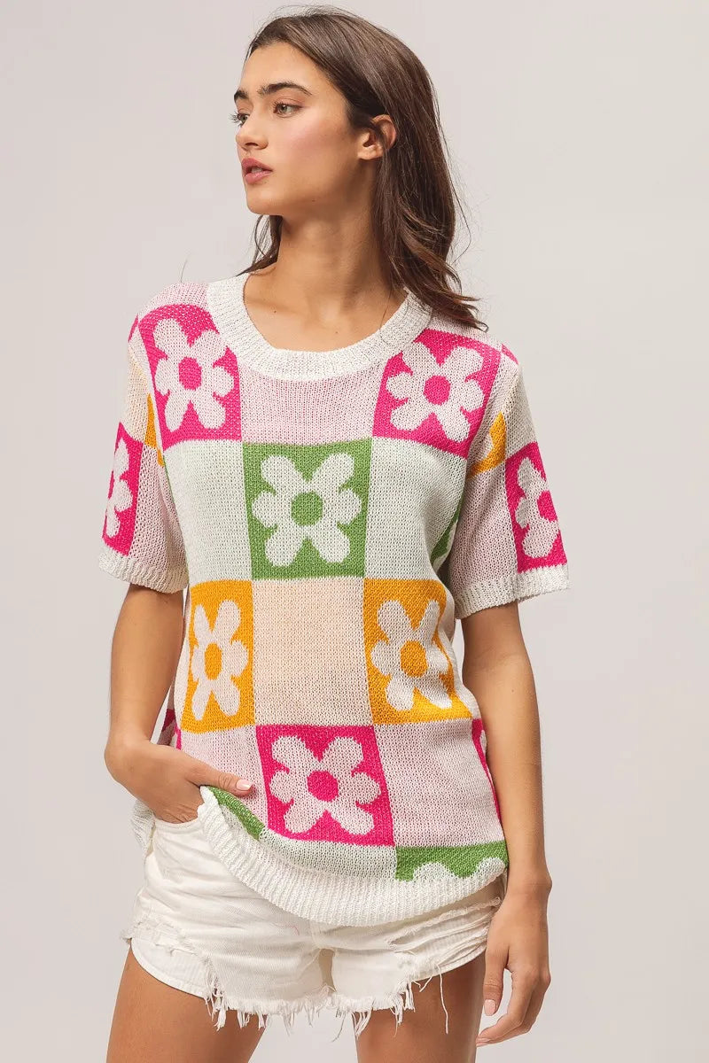 Sweater Top, Flower Checker Pattern Lightweight In Style Chics Boutique Where to buy stylish women’s clothes