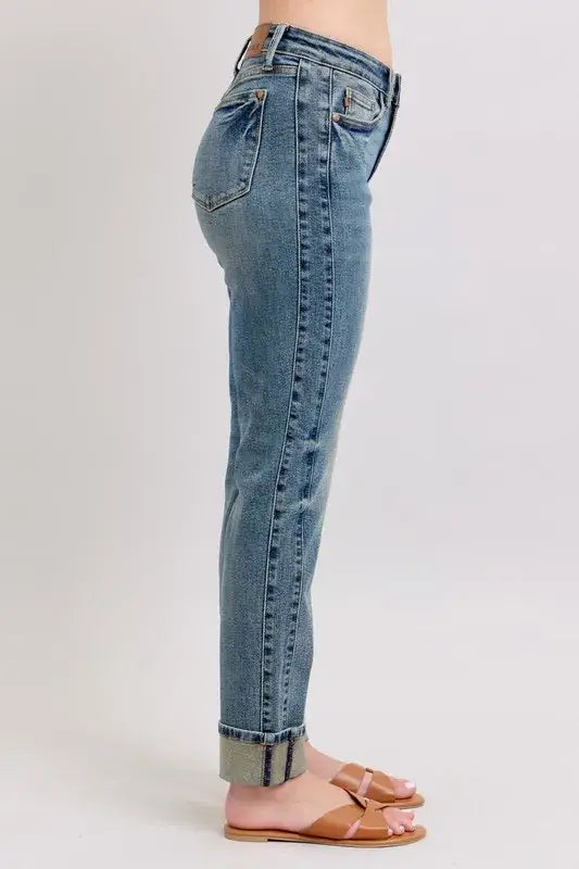 Judy Blue Mid Rise Vintage Wash Double Roll Cuff Boyfriend Jeans - In Style Chics Boutique Women's Juniors Plus Size Apparel Online