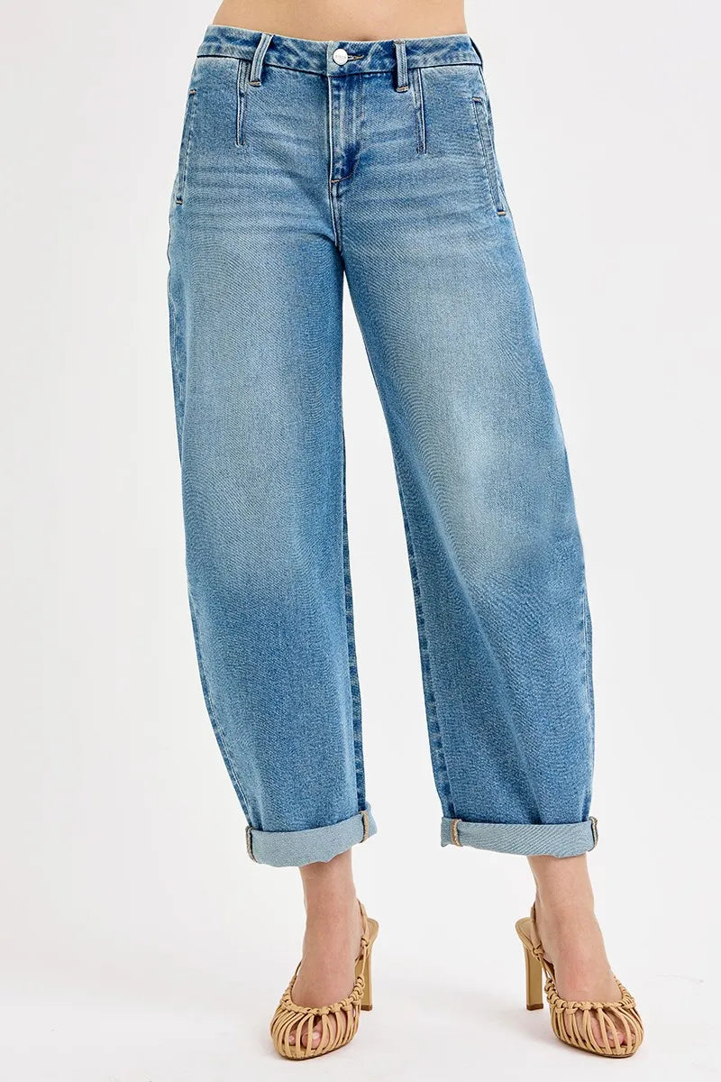 Mid Rise Fit Barrel Roll Up Jeans at In Style Chics Boutique
