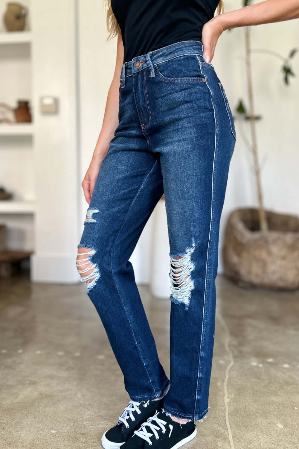 Judy Blue Full Size High Waist Rigid Magic Heavy Destroy Straight Jeans - In Style Chics Boutique LLC