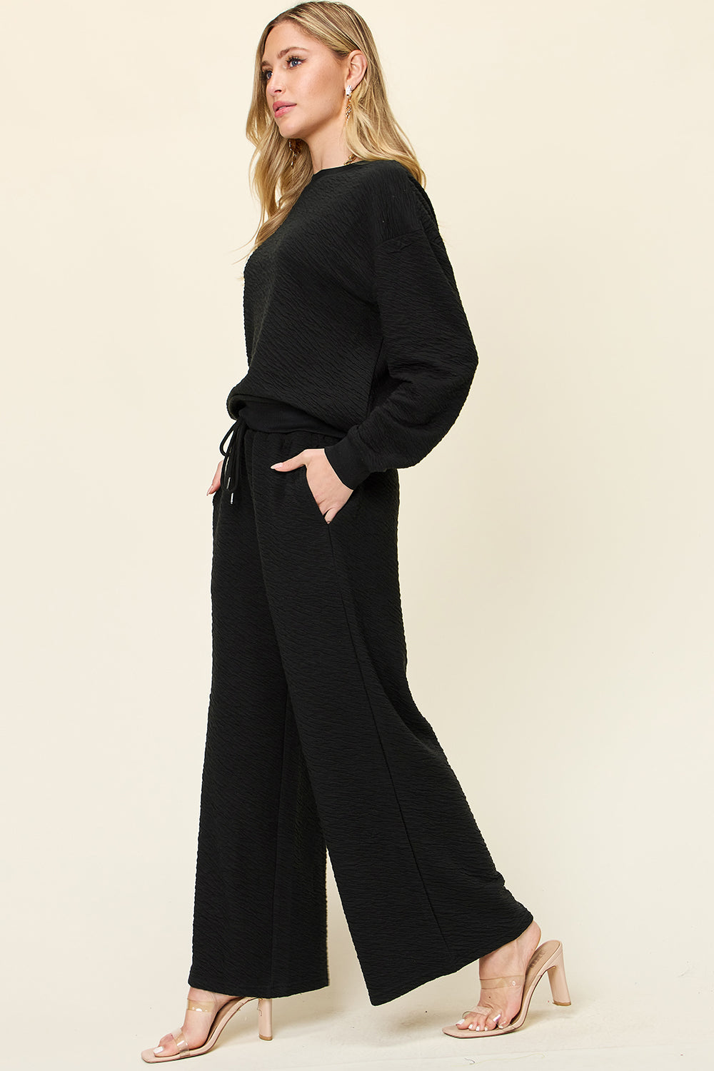 Double Take Full Size Texture Long Sleeve Top and Pants Set - In Style Chics Boutique LLC