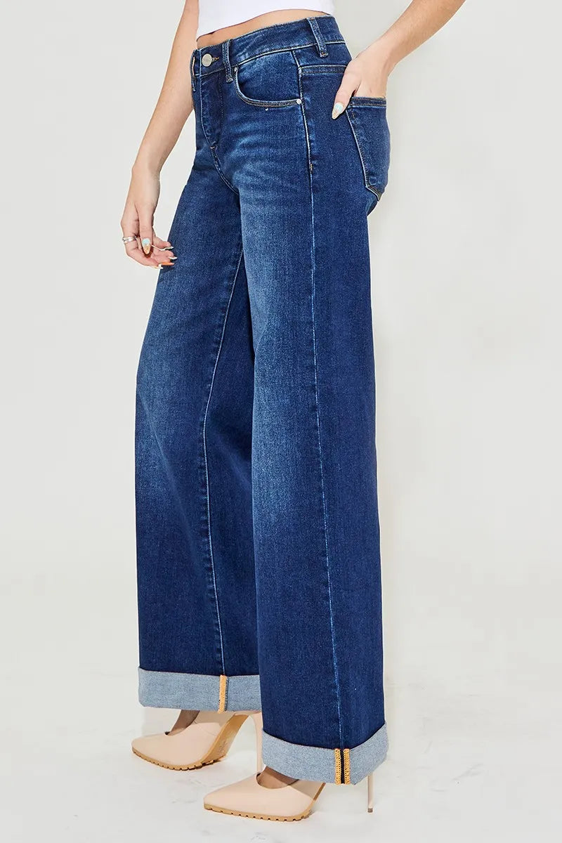 RISEN Tummy Control High Rise Wide Leg Cuffed Jeans - In Style Chics Boutique Women's Juniors Plus Size Clothes Online